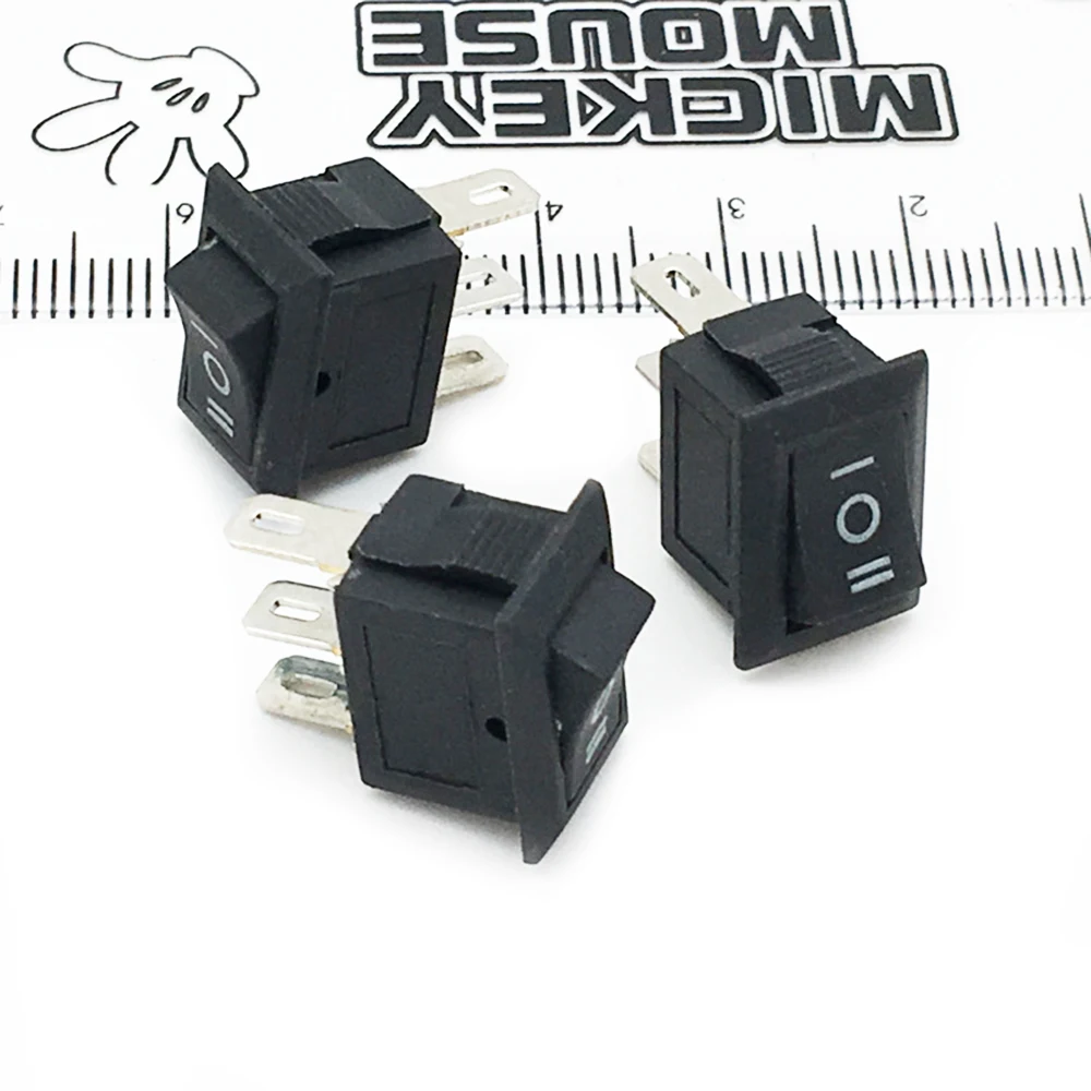 500PCS 3 Pin 3A 250V 10*15mm Black Button Rocker Switch ON OFF ON AC 10X15 Mini Rocker Power Switches Socket Adapter Switch