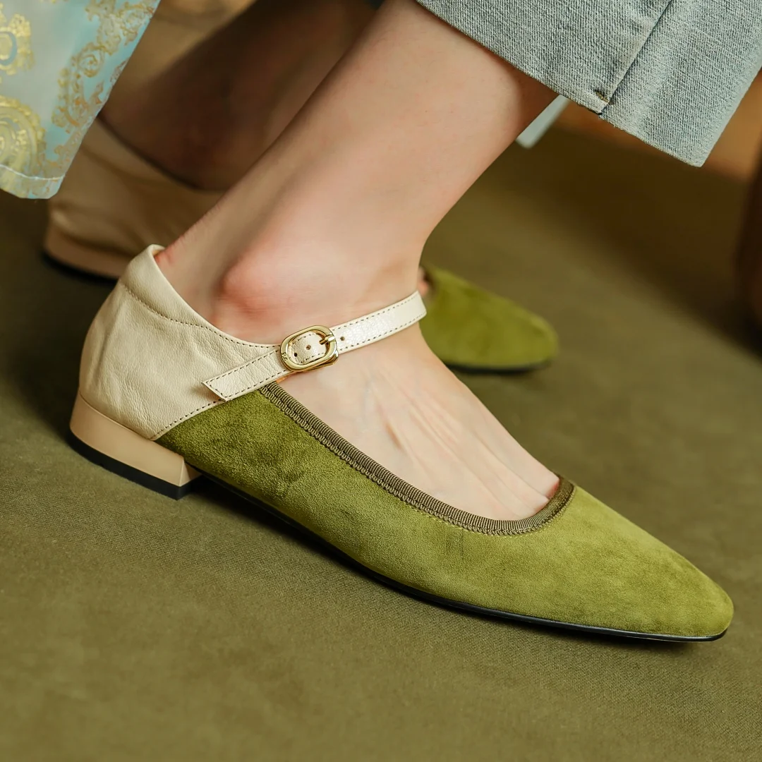 Women\'s natural suede leather mix color patchwork Mary Jane flats square toe casual female slim daily shoes 2024 spring new sale