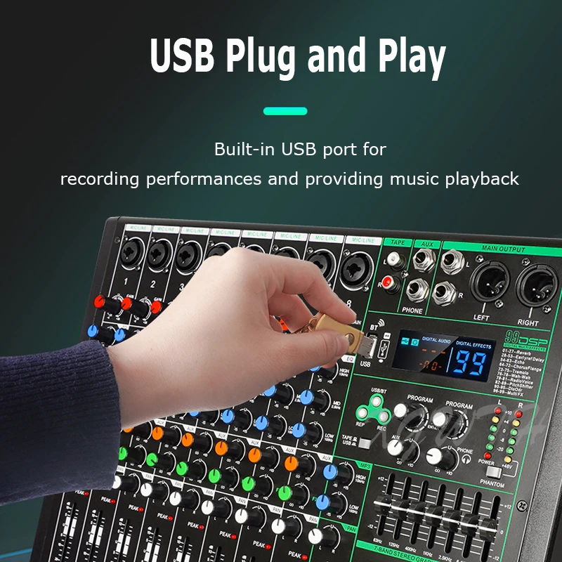 Портативный 8-канальный микшер, звуковая микшерная консоль с Bluetooth 48 В, фантомное питание 99, цифровой ревербератор, сценическое оборудование для диджея
