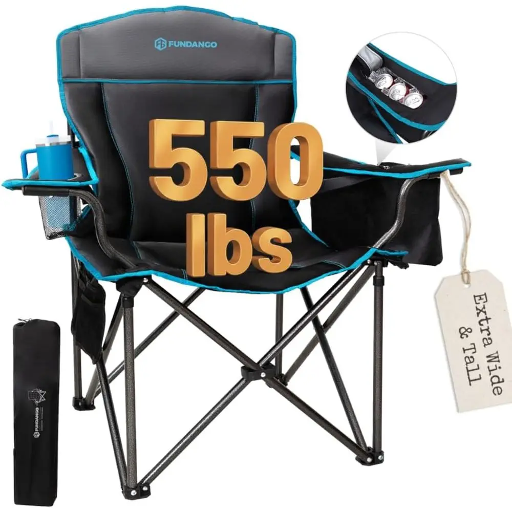 

Heavy-Duty 550lbs Portable Lawn Chair with Padded Seat, 4-Can Cooler, Cup Holder & Carry Bag - Black/Grey