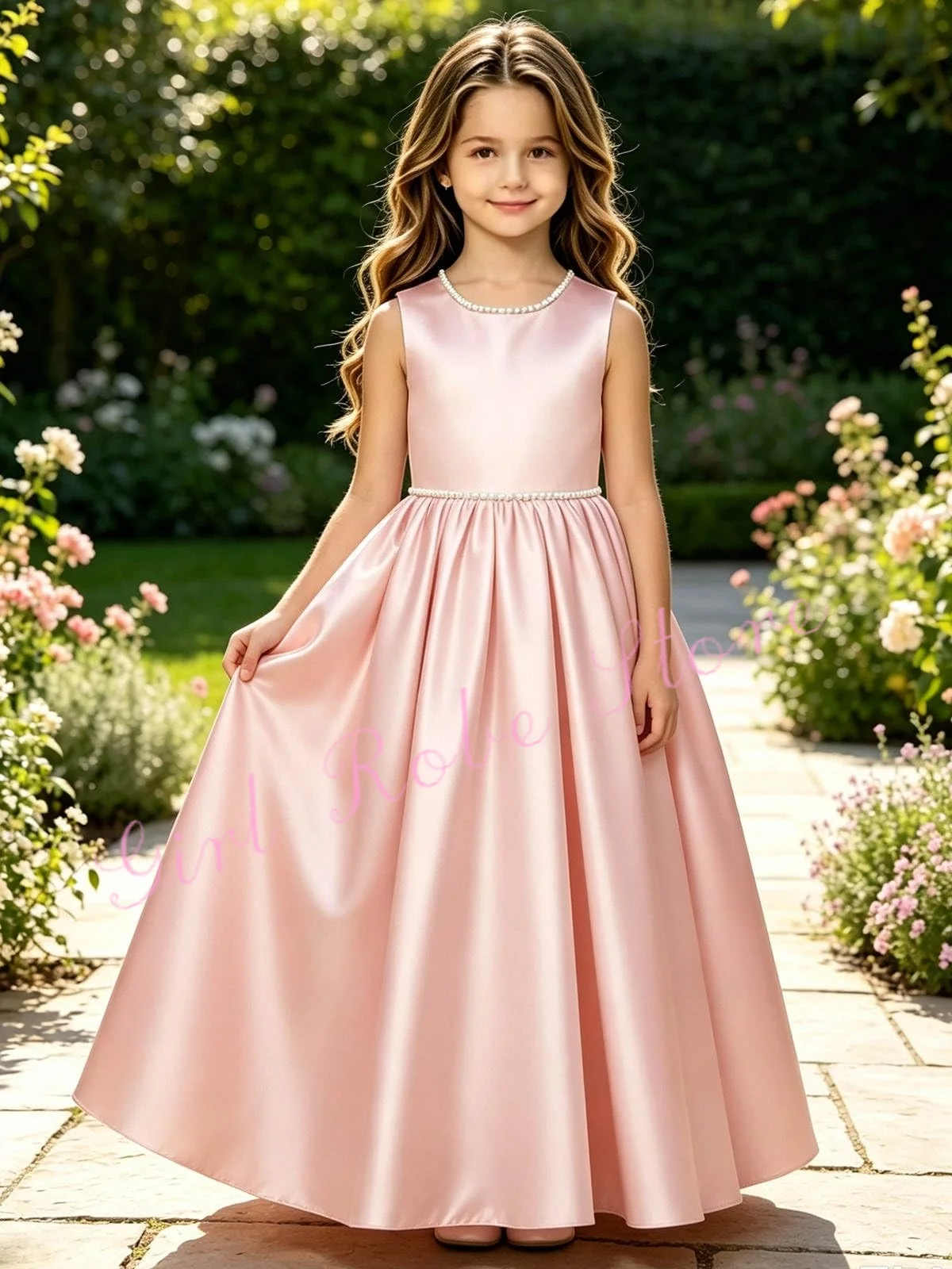Classic Pink Satin Flower Girl Dress For Wedding Pearls O-Neck Elegant Kids Evening Banquet First Communion Ball Gown Customized