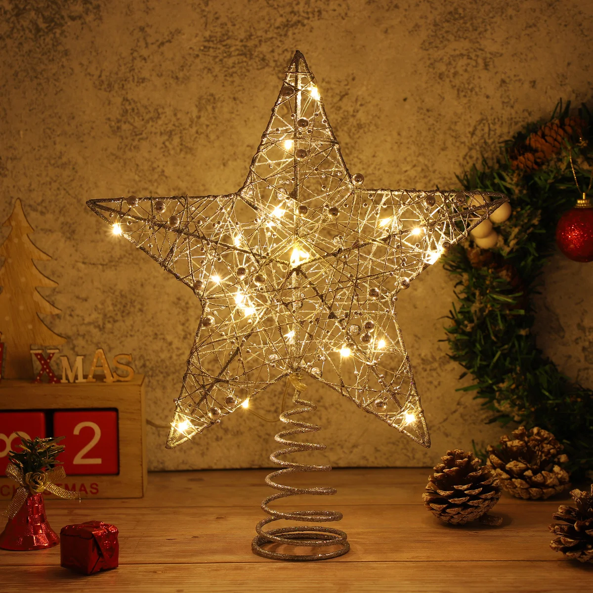 

25 X 30Cm Warm White LED Christmas Tree Topper Star Glitter Silver Powder Light for Holiday Party Decor Treetop Decoration