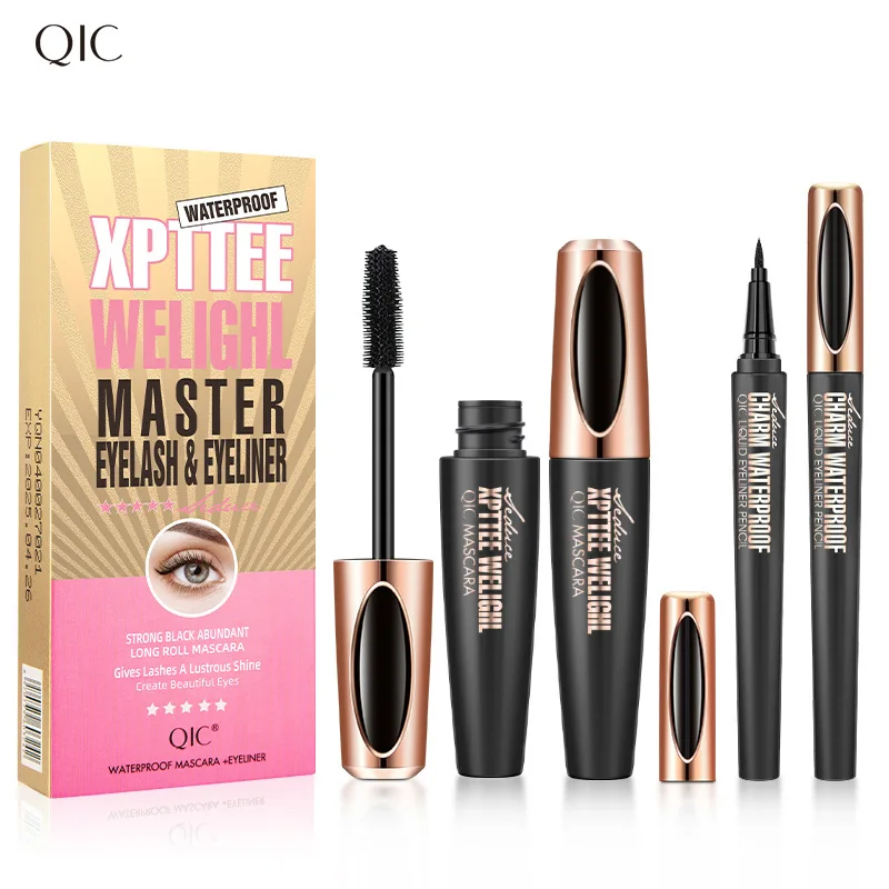 QIC Mascara Waterproof Thick Curly Silicone Brush Head Eyelash Lengthening Lasting 24h 4D Mascara Eyeliner Set Female Cosmetics