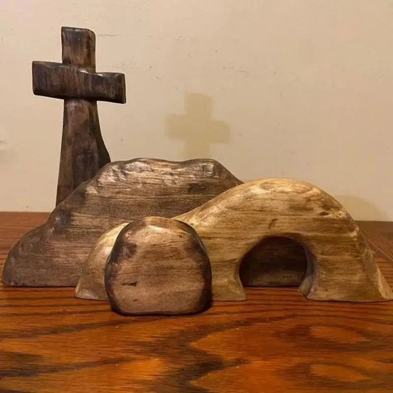 Easter Resurrection Scene Set Jesus Nativity Scene Wooden Cross Empty Tomb Statue Set Easy Assemble Removable Easter Statue