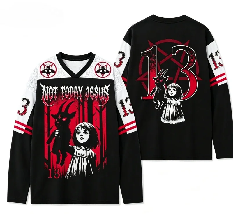 Unisex Vintage Heavy Metal Style Long Sleeve Tee Pentagram Goat Girl Graphic Gothic Oversized Shirt for Men Women Family Look