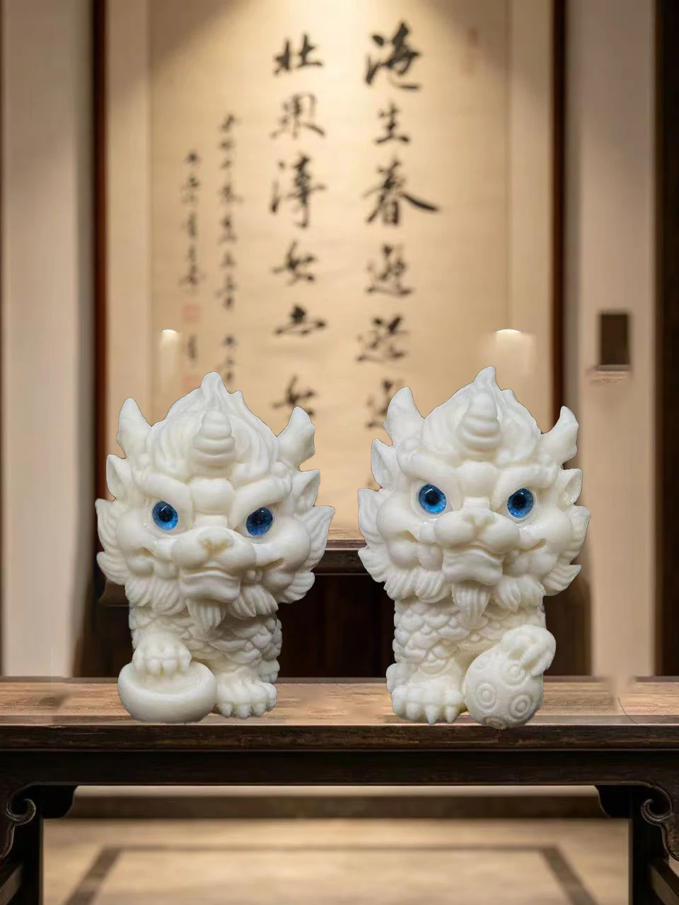 2PCS Feng Shui Kylin Statue White Resin Wealth Pixiu Decoration Ornaments for Home Office Desk Lucky Chinese Mascot Gift