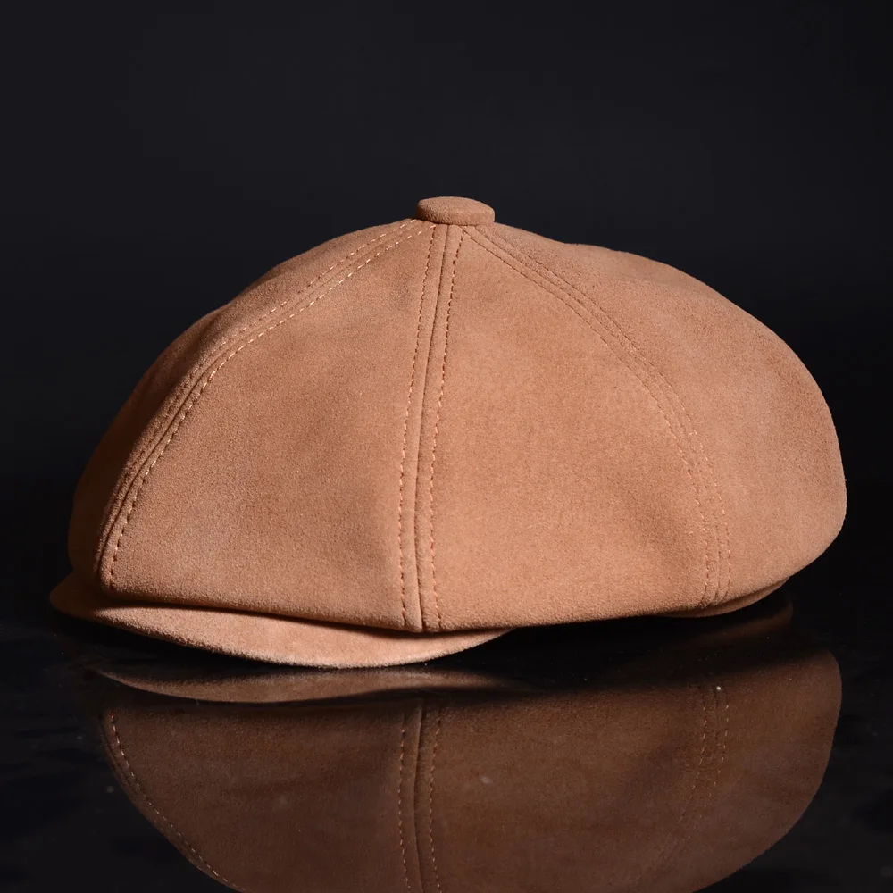 Suede Octagonal Beret Cap Men Women Winter Fashion Casual Newsboy Hat Genuine Leather Warm Coffee Boina Hombre