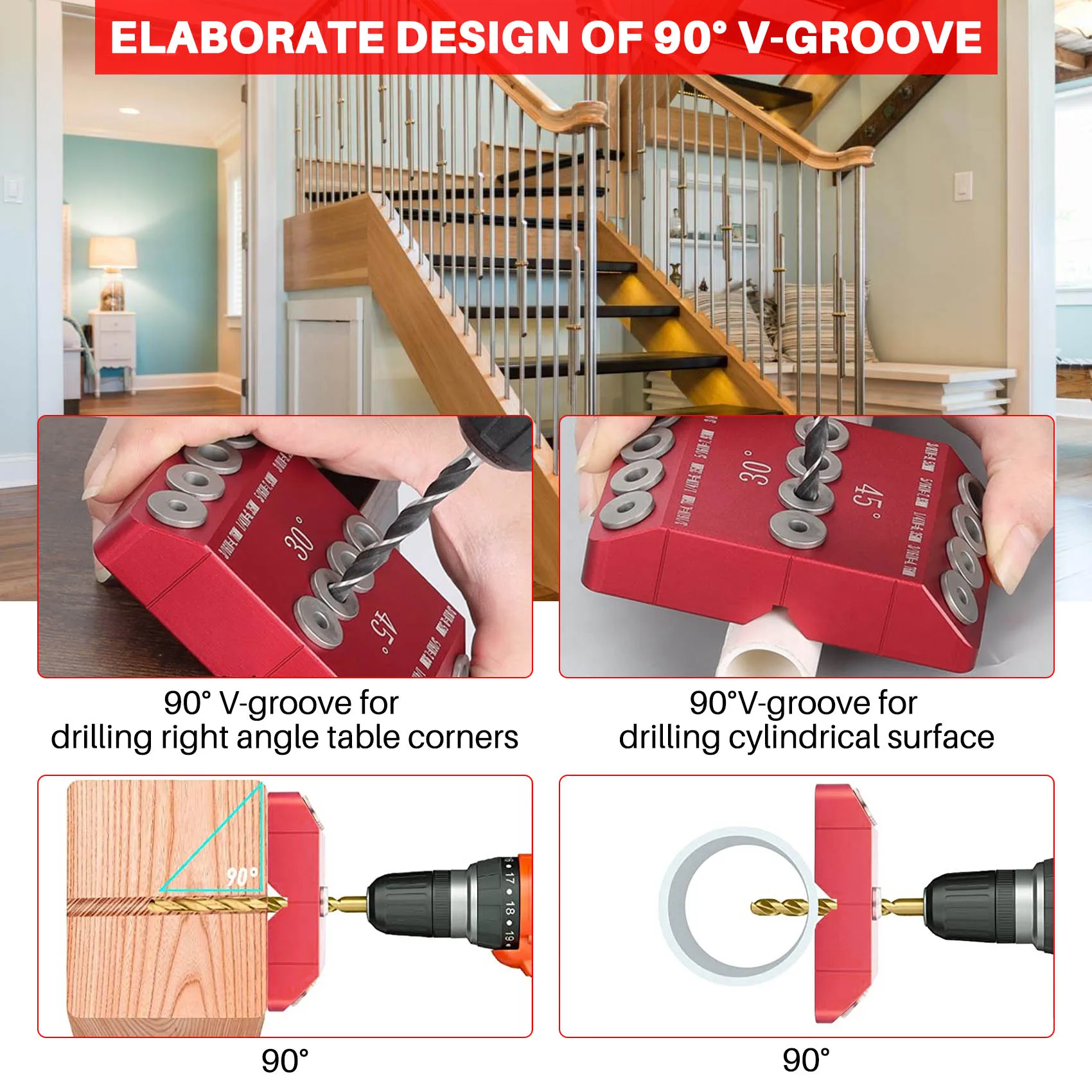 AC88-30/45/90 °   دليل ثقب الحفر الزاوية للفتحة الزاوية والمستقيمة، قالب حفر المسمار لولبي درابزين الكابل