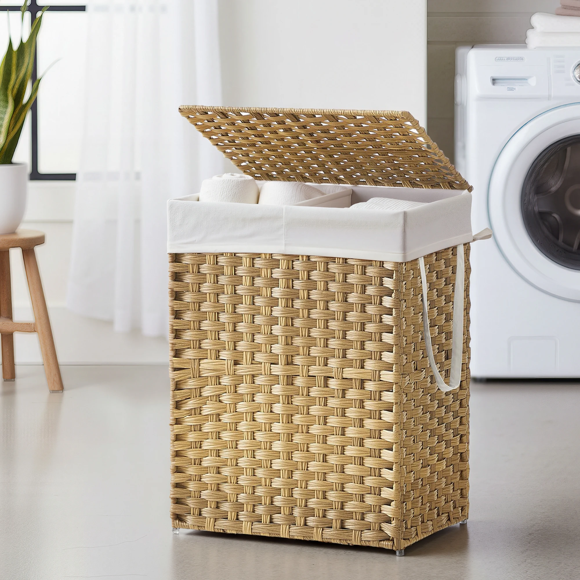 

Корзина для белья SONGMICS с крышкой, 90 л, с 2 съемными внутренними мешками, 6 сетчатыми мешками, плетеная корзина для белья, двойная.