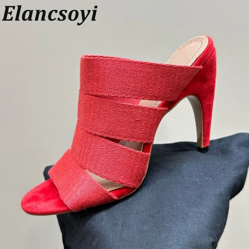 

Spring Summer Fashion Runway Open Toe Slippers Women Canvas Solid Color Roman Thin Heel Sandals Female Sexy Party Dress Shoes