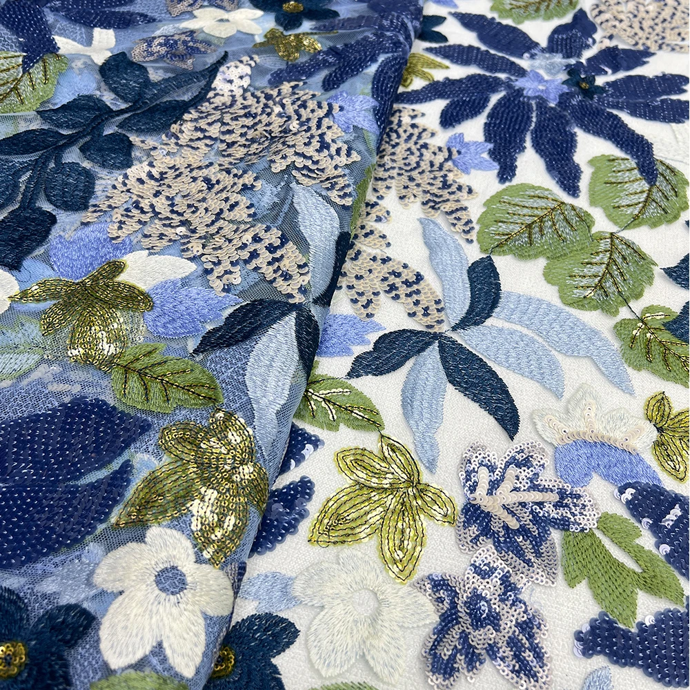 Printing Sequins Lace Fabrics Women 5 Yards African Net 3D Flowers Lace Fabric French Sequined Tulle Lace Wedding Dress Fabric