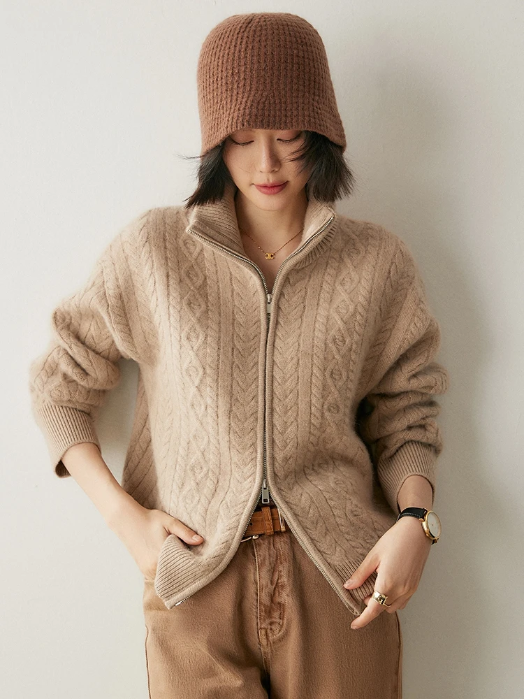 

Women's Autumn Winter Thick Zippers Turn-Down Collar Cardigan 100% Cashmere Sweater Warm Cable Stitch Retro Style Clothing Tops