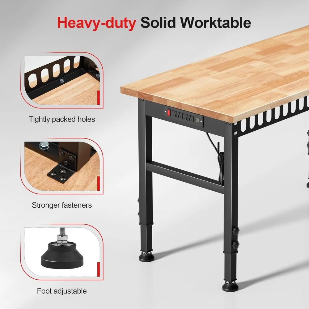 منضدة عمل قابلة للتعديل بسعة 2000 رطل للخدمة الشاقة مع منافذ طاقة، سطح خشبي مطاطي لاستخدام المرآب ورشة العمل