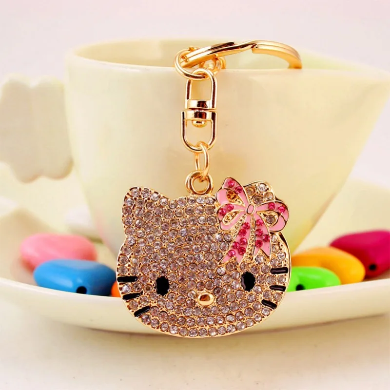 Hello Kitty Kawaii Diamond Inlaid Cartoon Cat Head Makeup Mirror Keychain Women Bag Accessories Pendant Women Gift Wholesale