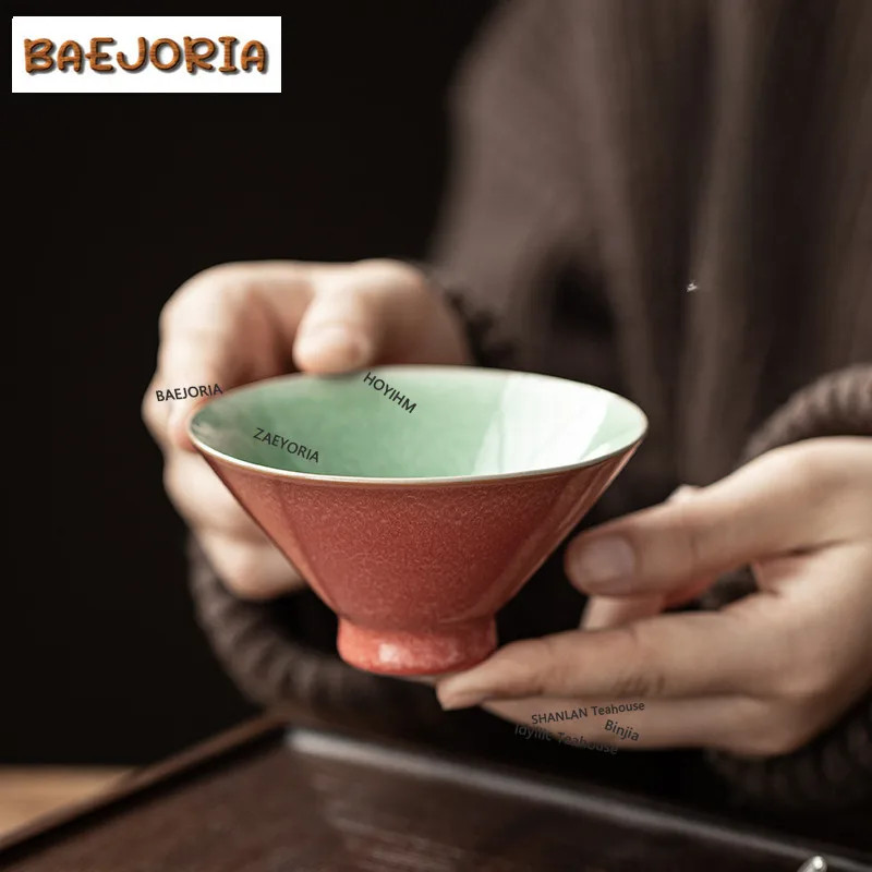 BAEJORIA 120ml Kiln Fambe Cowpea Red Bamboo Hat Teacup Handmade Tea Bowl Jug Tea-tasting Smelling Cup Chazhan Master Cups Tea