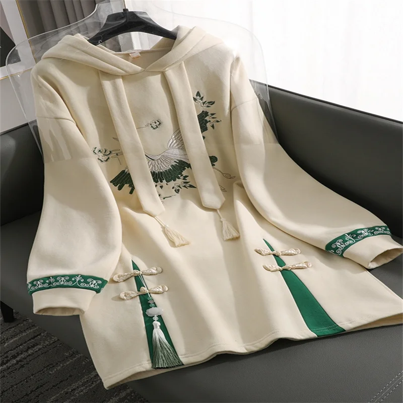 National Style Women Hanfu Classical Cheongsam Vintage Elegant Fairy Chinese Long Sleeve Embroidery Hoodie Dress Han Element