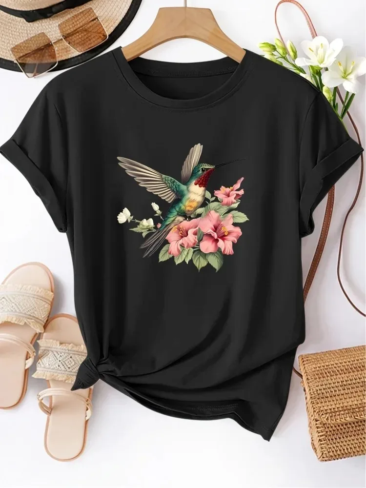 Summer Hummingbird Graphic T-Shirt Tropical Flower Bird Tee Short Sleeve Casual Holiday Beach Style Women Fashion Top