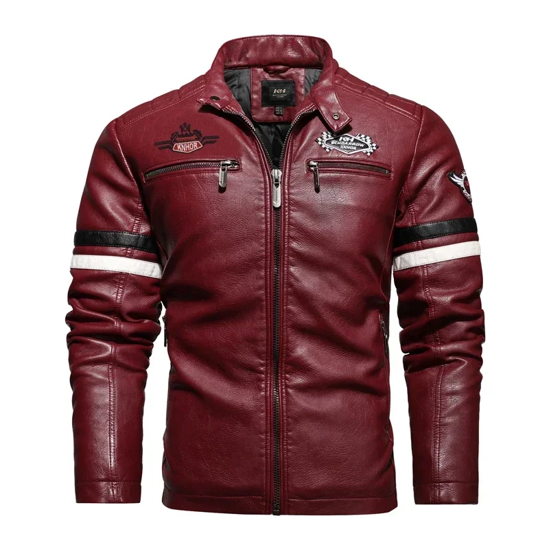 Autumn Winter Embroidery Motorcycle Racing Leather Jacket Men Color Block Patchwork Faux Leather Jacket Men's Thin Jacket