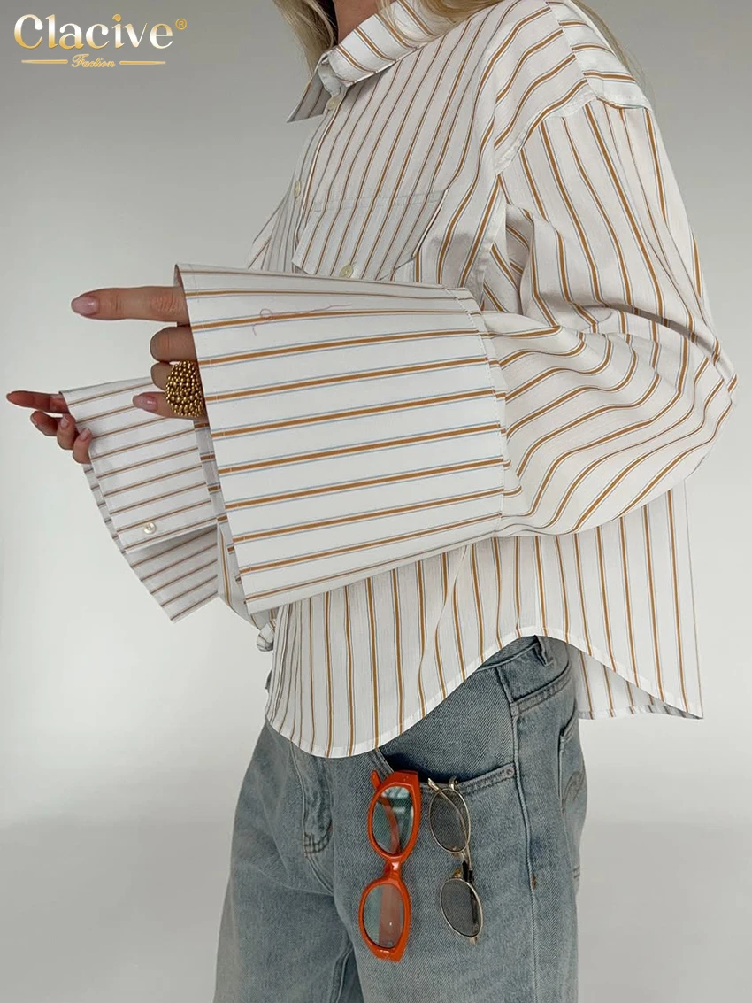 Clacive موضة فضفاض شريط طباعة قميص نسائي 2026 التلبيب عادية كم طويل بلوزة حريمي أنيقة الكلاسيكية ملابس نسائية #5