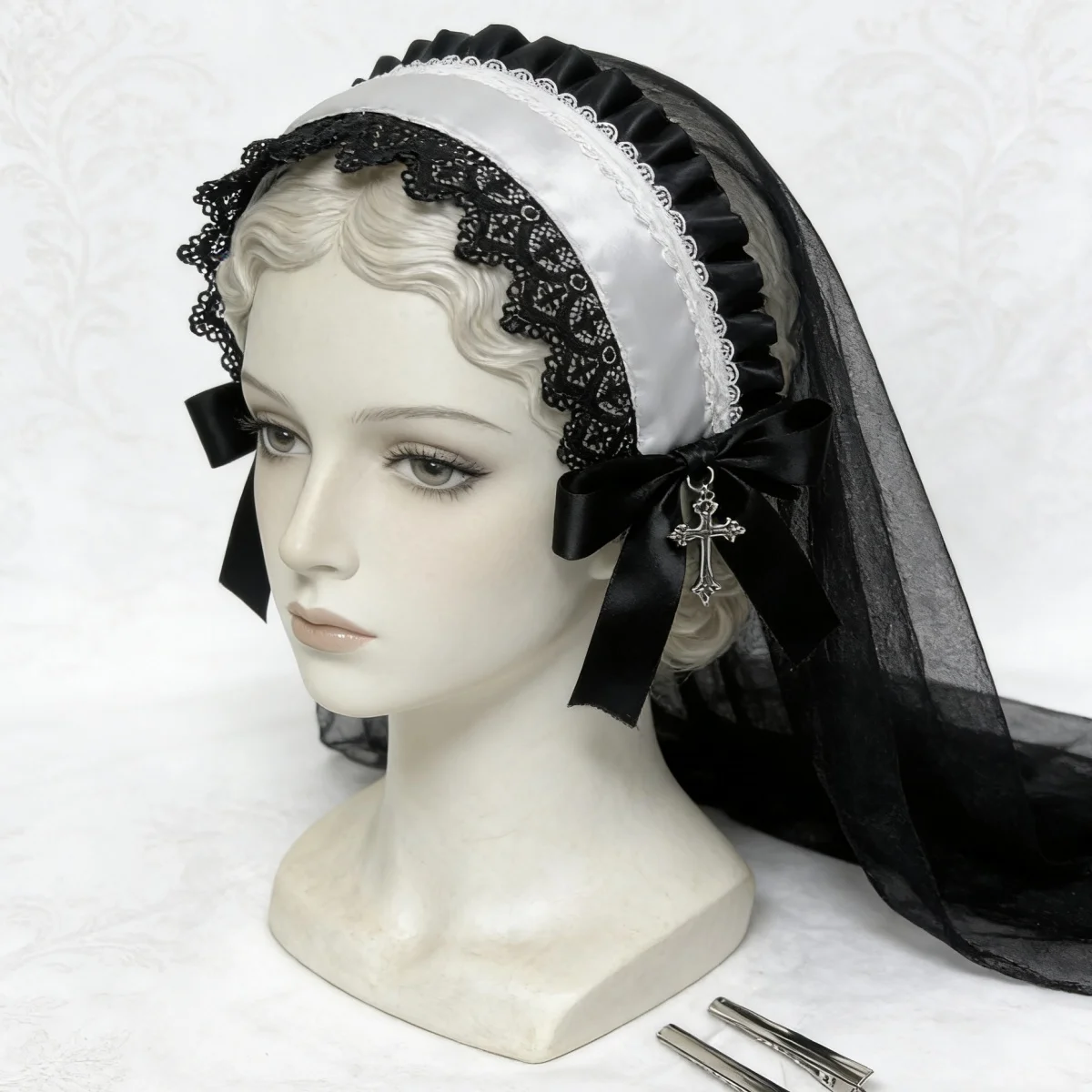 Soft Girl Headpiece Lolita Dark Night Church Cross Shawl Headscarf Gothic Style Hairband Headpiece