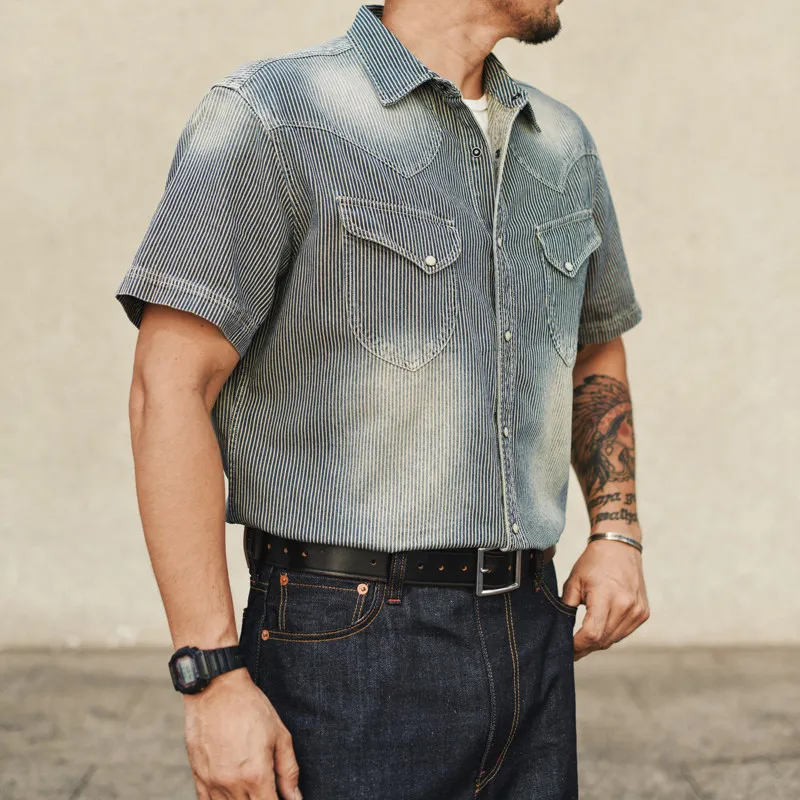 SAUCE ZHAN Men’s Western Style Striped Denim Shirt Short Sleeve Relaxed Fit Vintage Casual Shirt