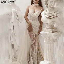 Customized Spaghetti Straps V Neck Lace Appliques Mermaid Wedding Dresses 2024 Bow High Silt Court Train Bridal Gowns For Women