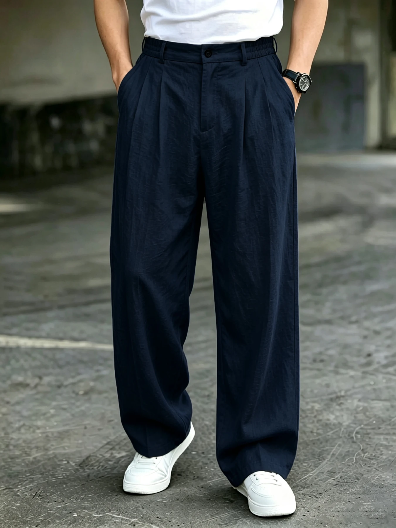 Men's High Waist Double Pleated Draping Wide Leg Dress Pants Wrinkle Resistant Breathable Textured Fabric Loose Fit Trousers for