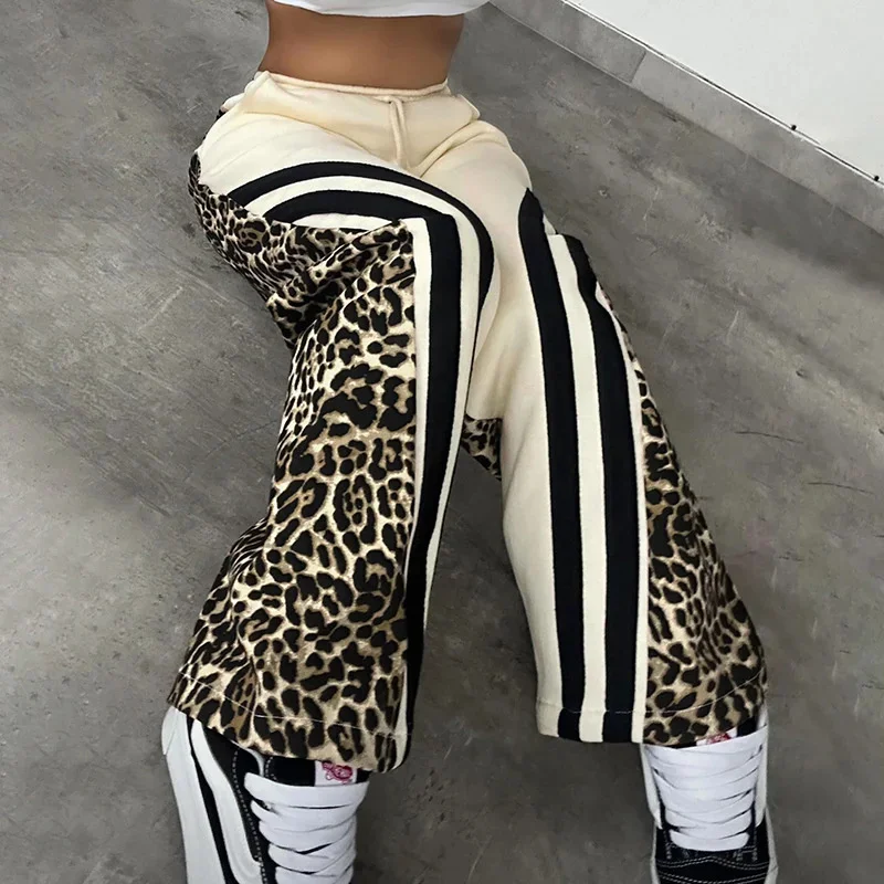 High Street Loose Pants Fashion Trend 2024 New Vintage Leopard Print Patchwork Autumn Winter Straight Casual Trousers For Women