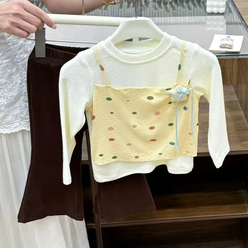 Girls Set 2026 Autumn and Winter New Children's Clothing Korean Style Girl Baby Cute Fake Two T-shirts Micro Pants Two Sets