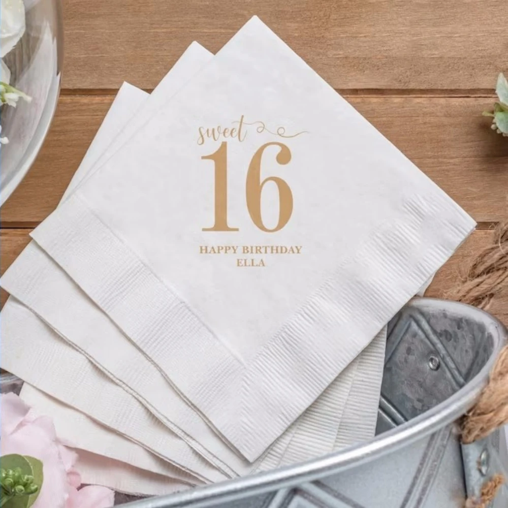 

50 Pcs Sweet 16 Birthday Napkins | Personalized The 16th Christmas Party Napkins | Custom The 16th Baptism Napkins | Birthday
