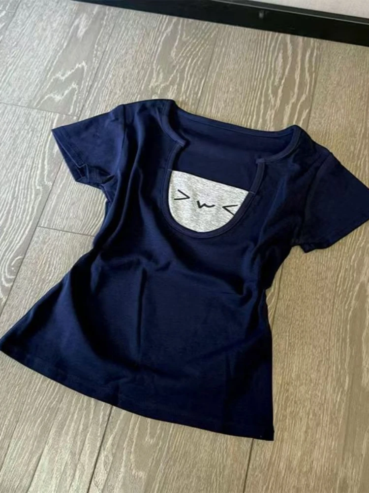 Embroidered Shoulder Polo Neck Short Sleeve T-shirt Female Summer Design Hot Girl Vintage Preppy Style Short Thin Tees Outfits