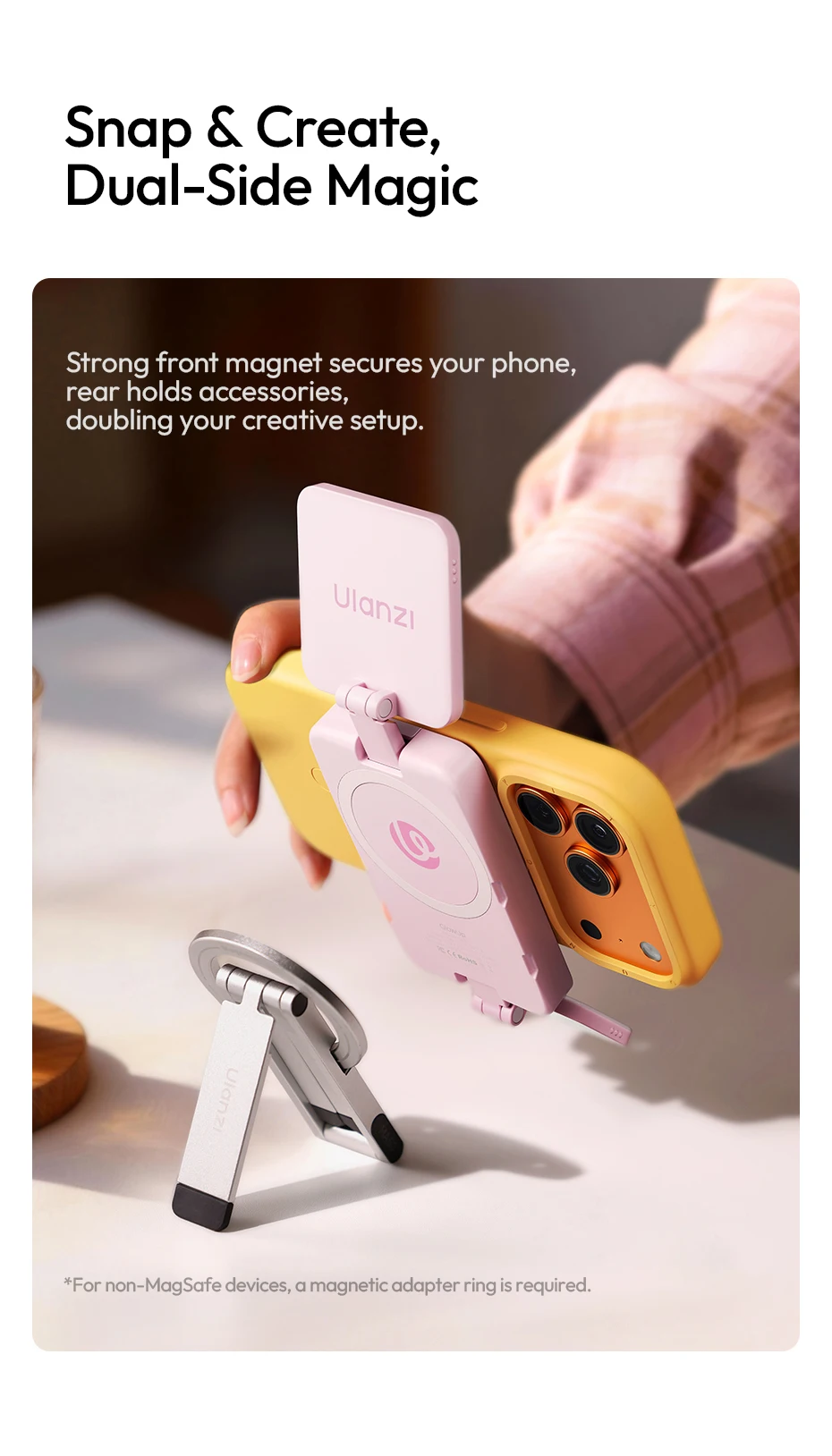 Ulanzi GL01 Magnetisches Aufstecklicht, einstellbares Dual-Seitenlicht für iPhone 17 Android, dimmbares Selfie-Licht 2700-6500K für Live-Vlogs – Detail 10