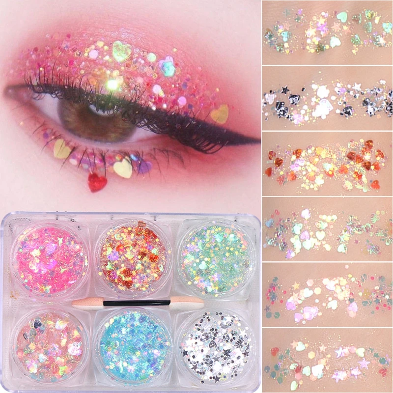 6 Jars/set Eyeshadow Glitter Gel Cream Face Hair Body Nail Glitter Gel Heart Star Moon Loose Sequins Festival Makeup