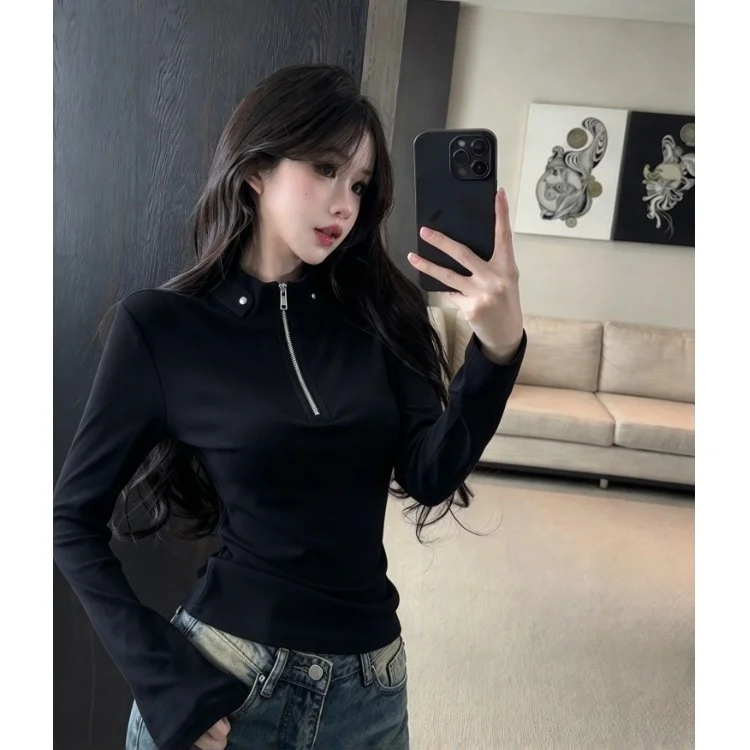 Chic Long Sleeve Slim Fit T-Shirt Korean Style Half Zipper Stand Collar Women's Fashionable Versatile Top City Walk Ready