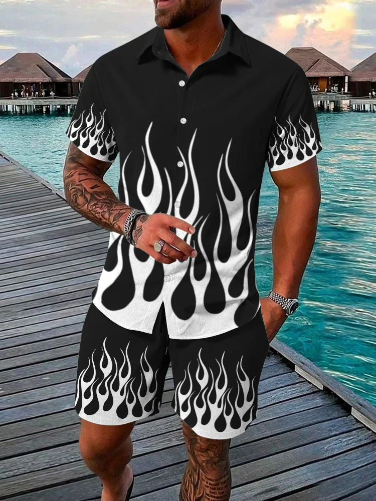 Conjunto de camisa de manga curta masculina havaiana, estampado em chamas 3D, férias de praia casual, verão, esportes diários