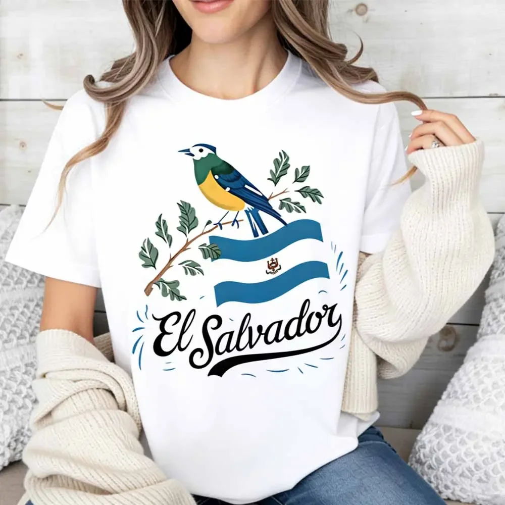 Bird And Leaves El Salvador Flag Print T Shirt Women Casual Short Sleeve Round Neck Top
