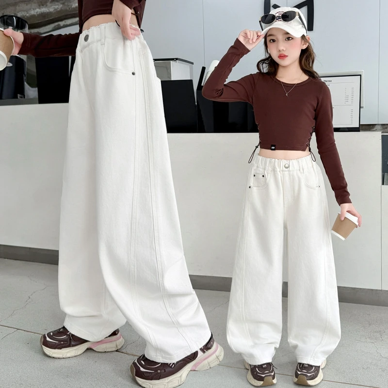 

Girls Solid Color Jeans Spring Autumn Teenage Children Fashion Splicing Cotton Curved Knife Denim Pants Loose Casual Trousers
