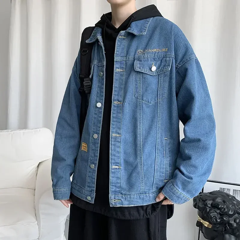 Denim Jackets Man Wide Sleeves Jeans Coat for Men Overcoat Black with Embroidery Loose Winter Outerwear Korea in Lowest Price G