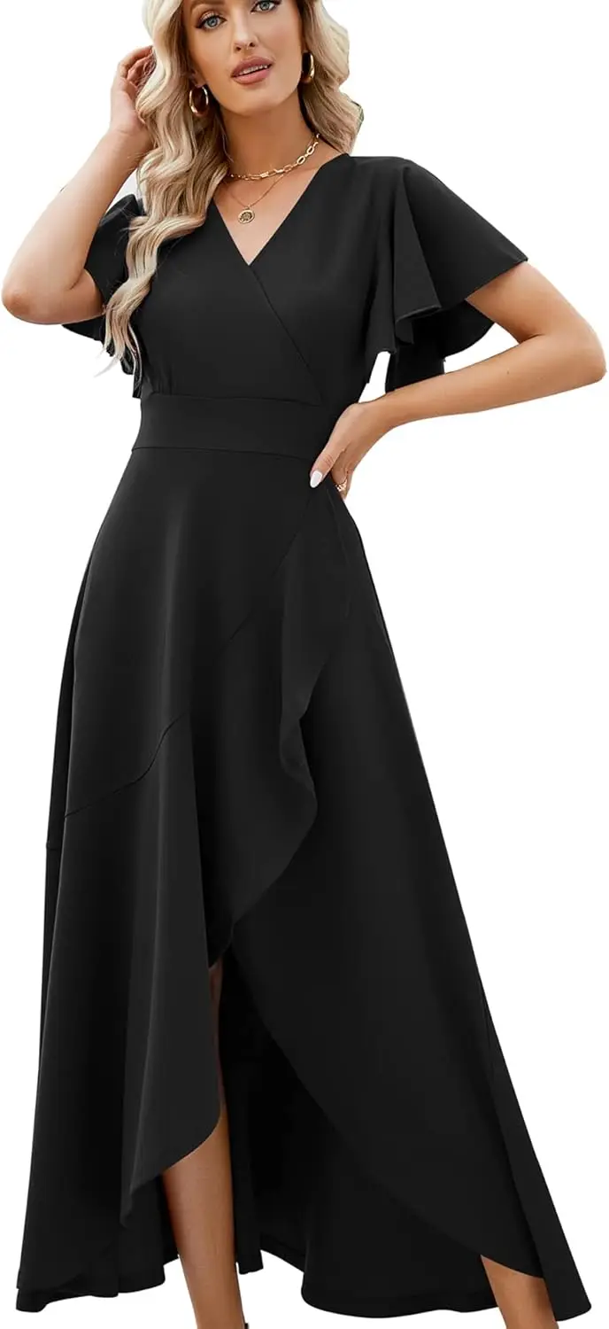 

Long Black Formal Dresses for Women Gowns Evening Party Cocktail Dress,Split Elegant V Neck Wrap Ruffle Wedding Guest Dresses