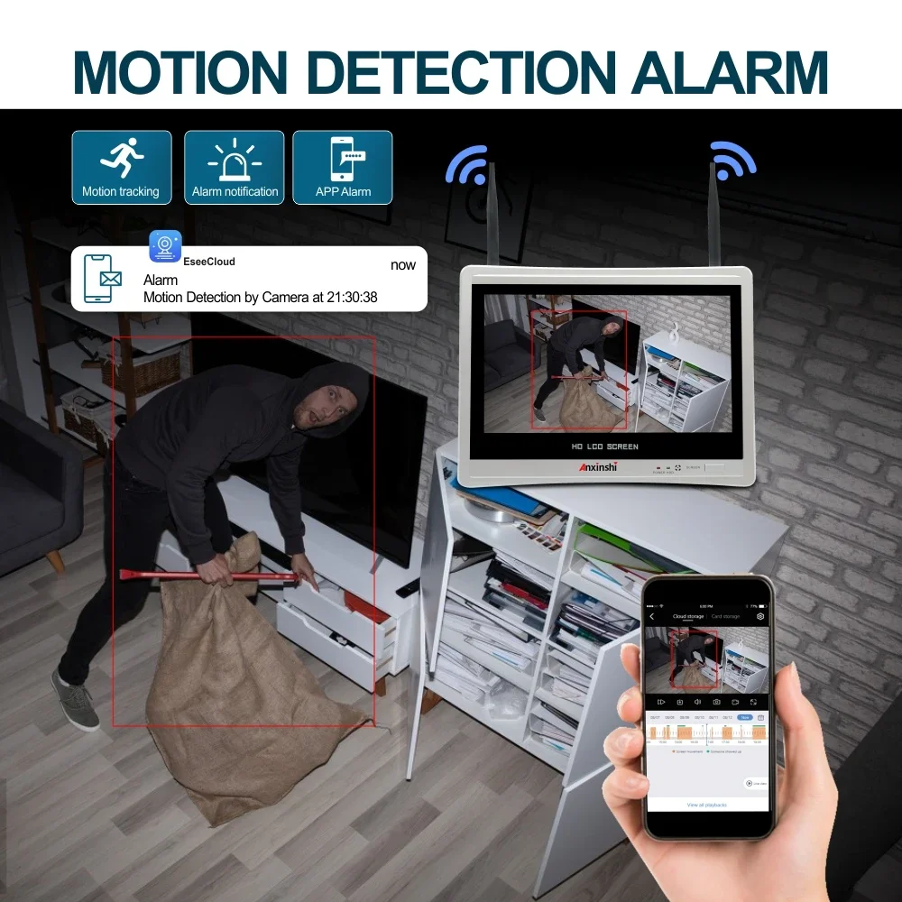 Eseecloud 4k 8CH WIFI 12.5 นิ้วและเครื่องบันทึก Two Way Audio APP Alarm 2.4GHZ Wifi NVR
