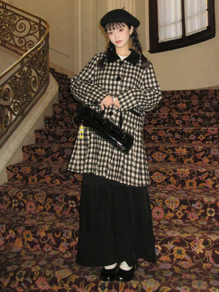 

DesiGar Plaid Woolen Dr with Long Sve Vest Overlap Design Stand Collar Women's Faion Spring Autumn Winter Casual Dr