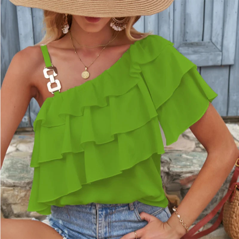 One Shoulder Ruffles Shirts for Women Summer 2023 Fashion Elegant White Blouses and Tops Backless Sexy Shirt Female Blusas 26799