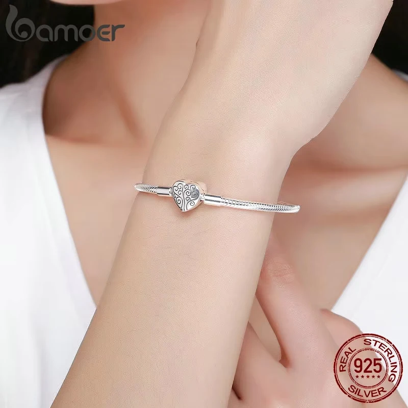 BAMOER 100% Plata de Ley 925 primavera Árbol de la vida forma de corazón cierre pulsera de cadena de serpiente joyería de plata esterlina S925 SCB066
