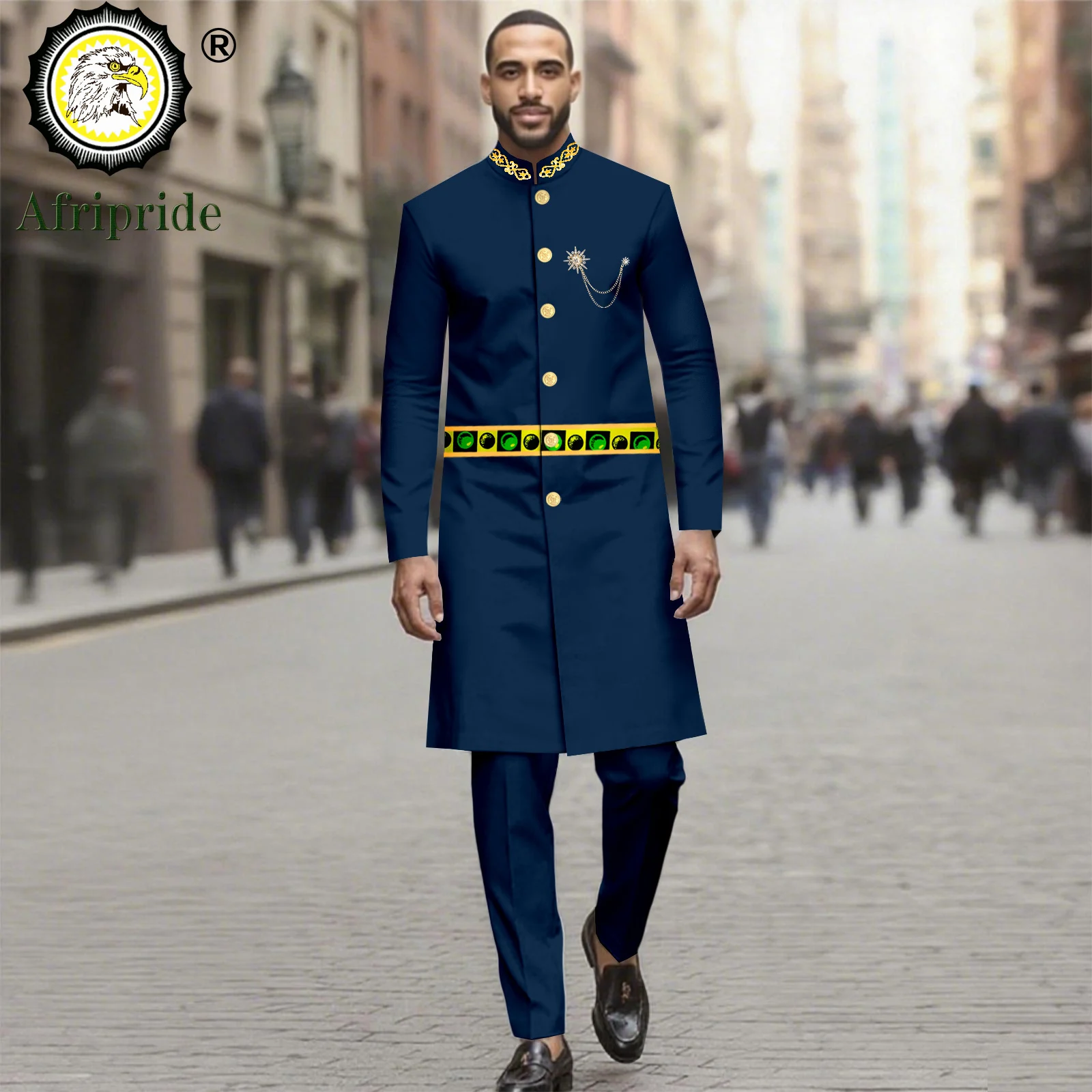 African Suit for Men Dashiki Long Single Breasted Embroidery Print Blazer and Pants 2 Piece Slim Fit Formal Outfits 2516086