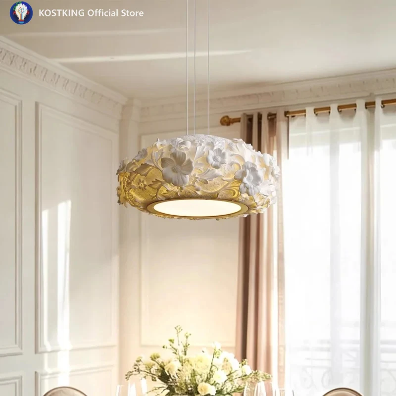 French Cream Style Resin Carved Flower Pendant Light Living Room Bedroom Study High-End Creative Romantic Art Staircase Light