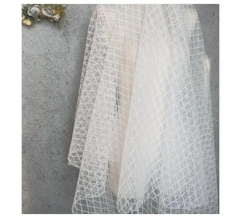 

White Black Diamond Dot Polka Embroidered Lace Fabric Diamond Lattice Tulle For Girl Dress Tutu Dress Wedding Bridal Veil