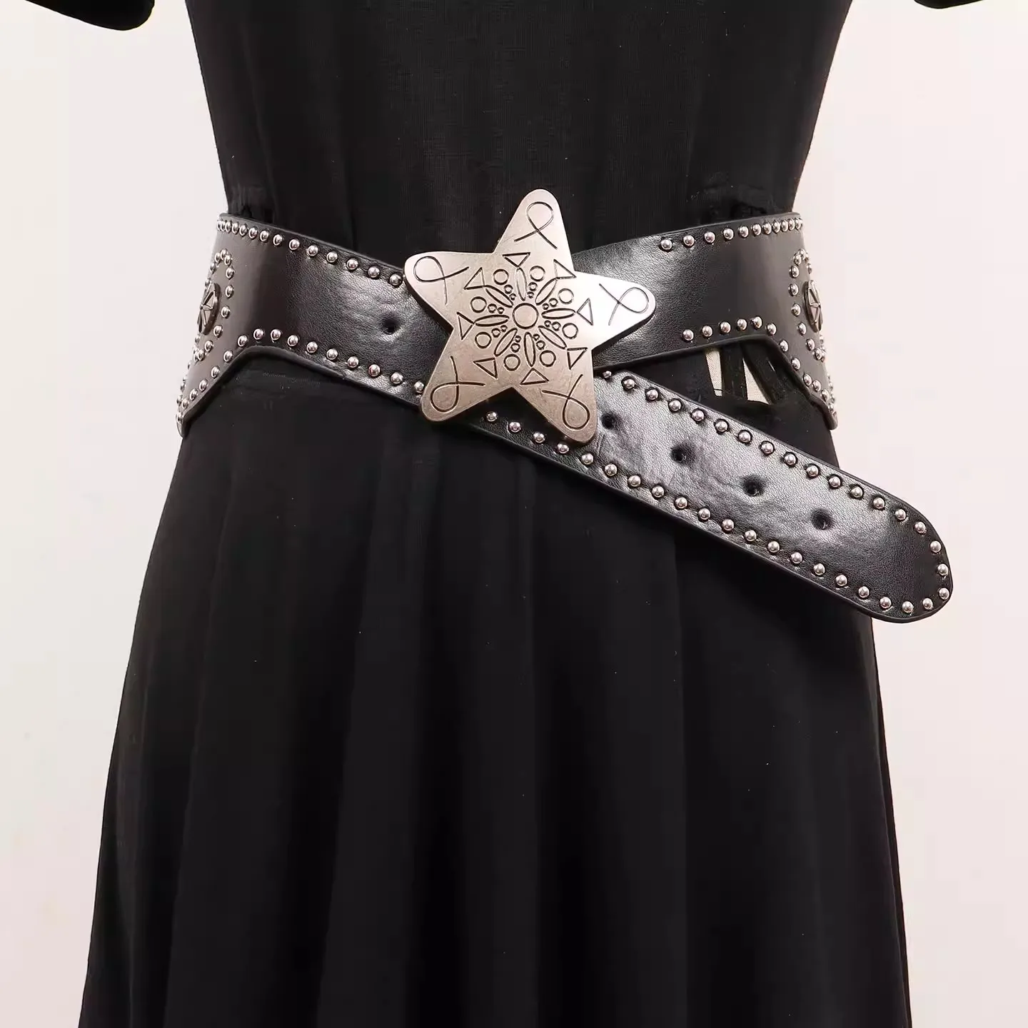Women's Star Buckle PU Leather Rivet Retro Cummerbunds Female Dress Corsets Waistband Belts Decoration Wide Belt R2539