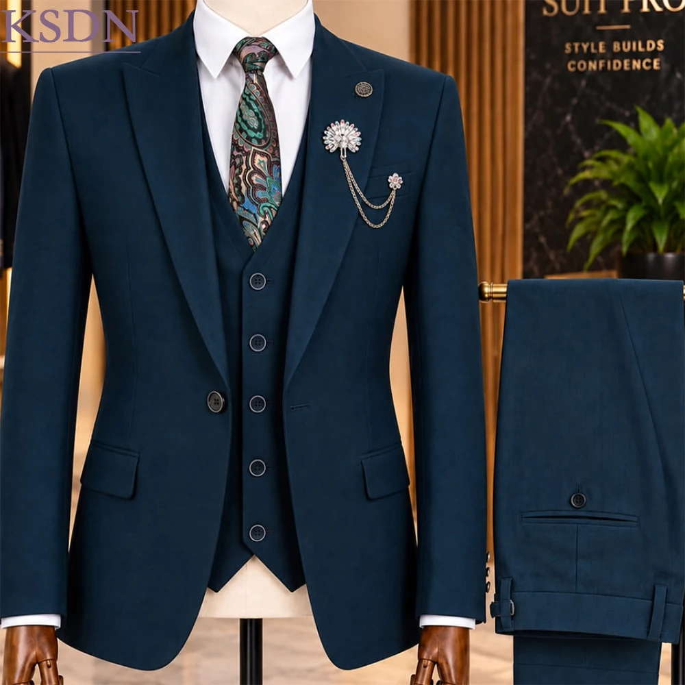Luxury Wedding Men's Suits For Groomsmen Wedding Slim Fit One-Button Peak Lapel Slim Fit 3 Piece Jacket Pants Vest Male Clothing