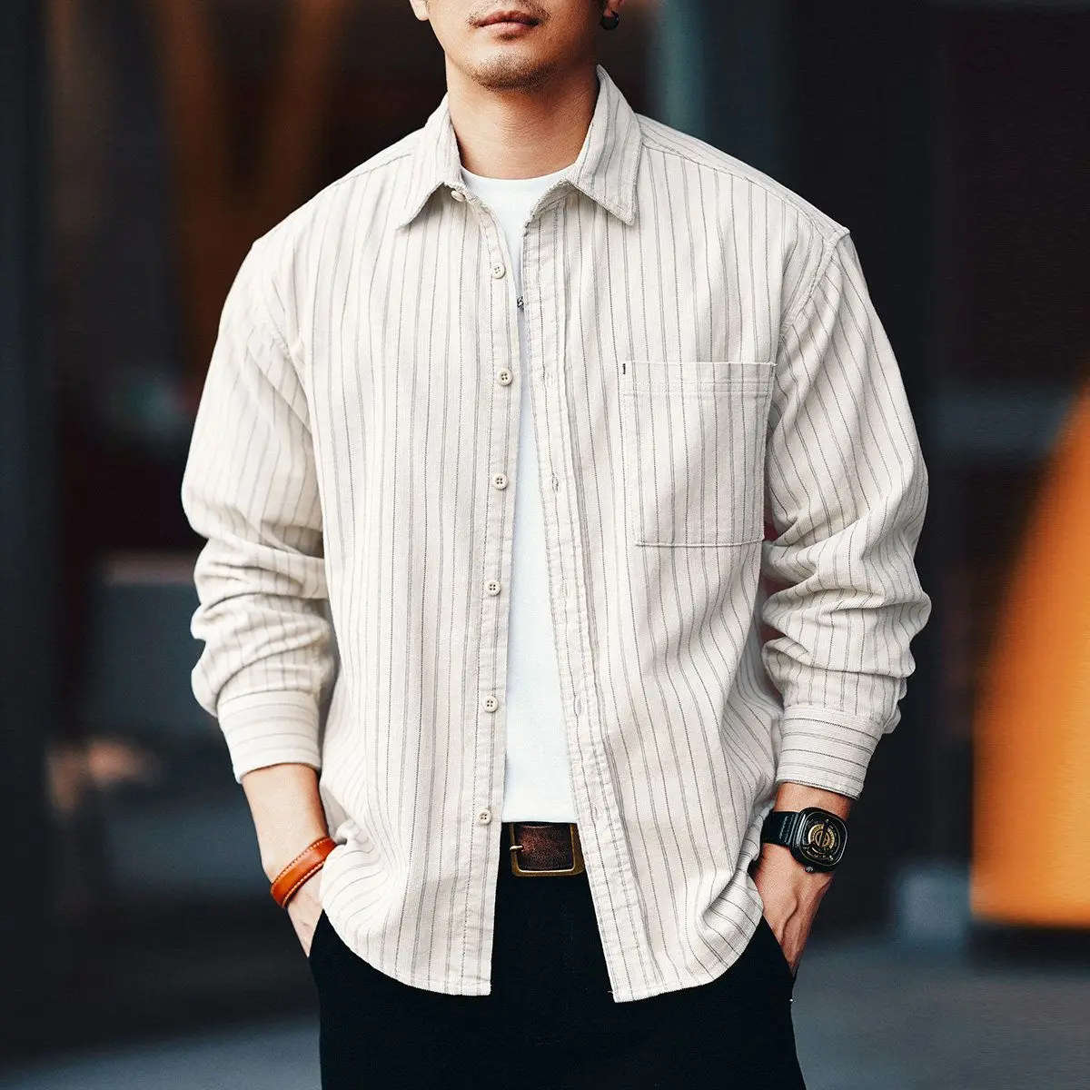 

High-End Retro Striped Long Sleeve Men's Shirt Spring Trendy Loose Casual Men's Coat Classic Collar Button-Up Regular Fit