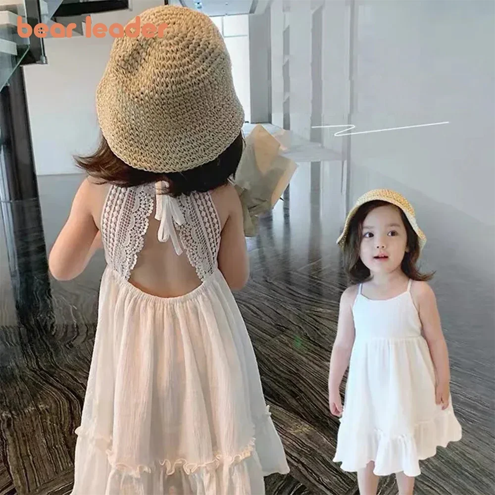 Bear Leader 2023 New Girls Clothing Summer Seaside Holiday Style Children's Dress Baby Foreign Style Open Back White Sling Skirt